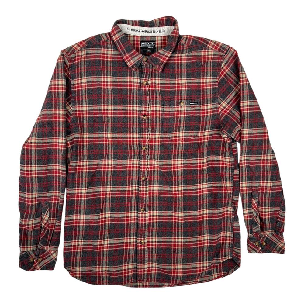 VTG O'Neill Shirt Mens XL Red Gray Plaid Flannel Long Sleeve Button Front Casual